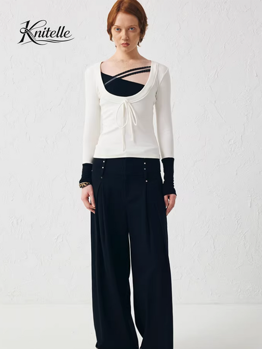 DualTone Lace Trim Ribbed Long Sleeve Top