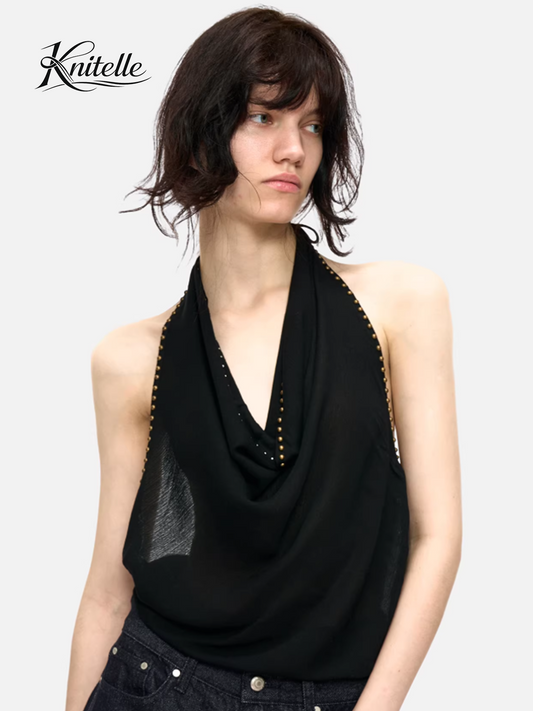 StudAura Draped Halter Backless Top