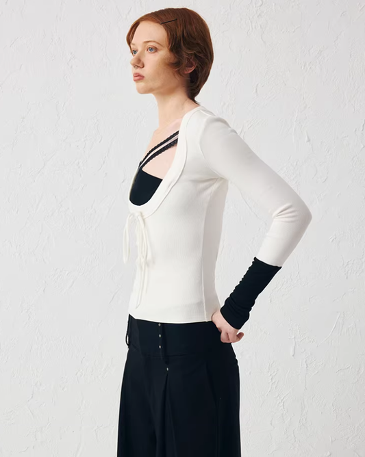 DualTone Lace Trim Ribbed Long Sleeve Top
