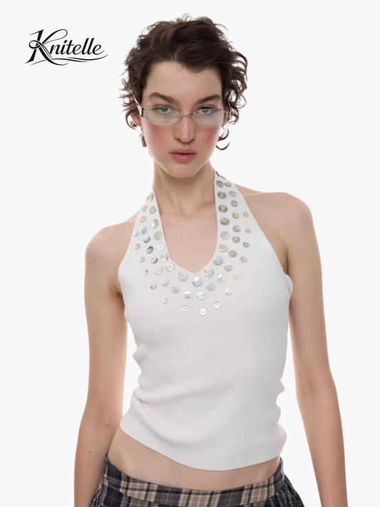Pearl Halo Backless Halter Knit Top